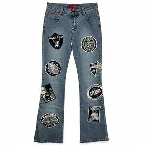 Vintage Le More 90's Bootcut‎ Jeans Patchwork NFL Team Logos  Denim Size 28x31